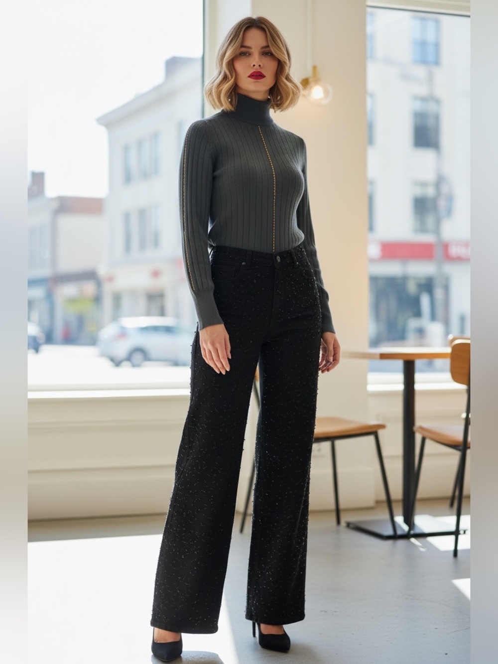 Fendi Women's Ribbed Turtleneck Sweater in Charcoal Gray